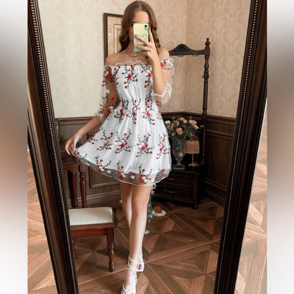 White SHEIN Dress with Floral Lace- Size L/XL